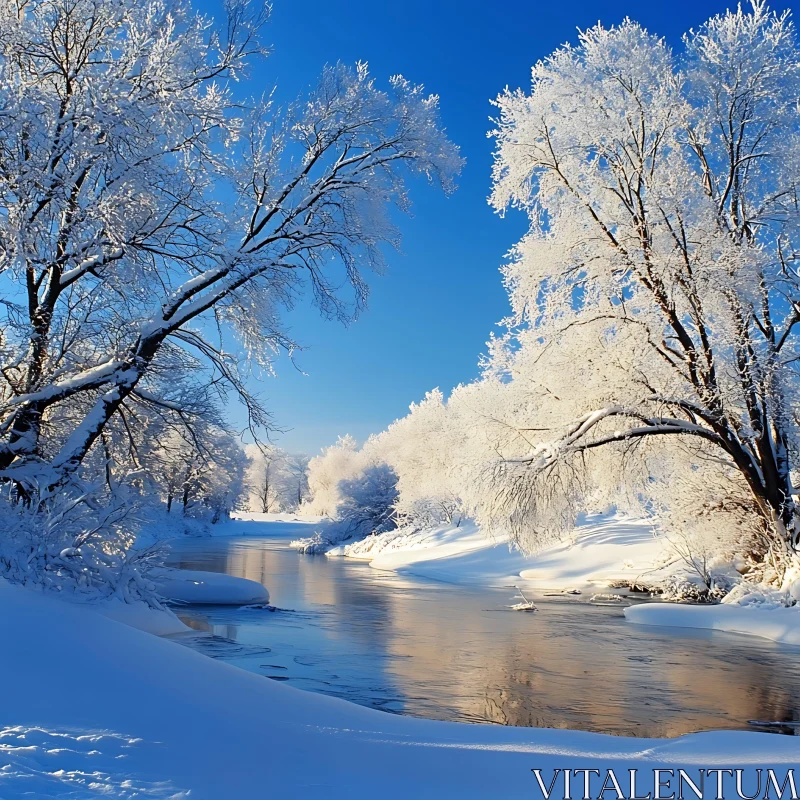 Snow-Covered Trees by a Tranquil River AI Image