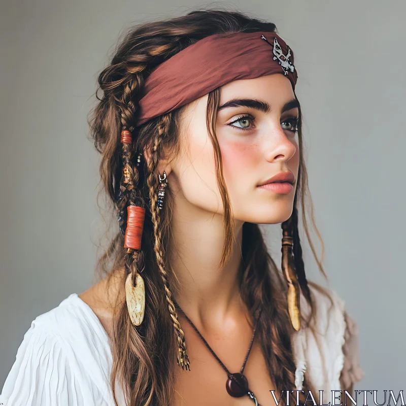 Woman with Bohemian Braids and Feather Headband AI Image