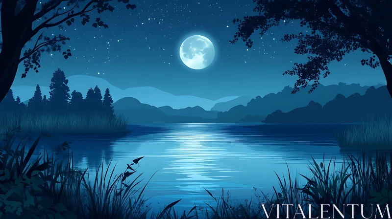 Serene Moonlit Lake at Night AI Image