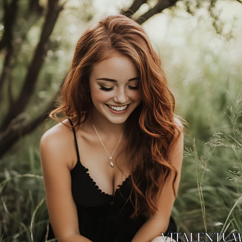 Smiling Redhead in Natural Setting AI Image