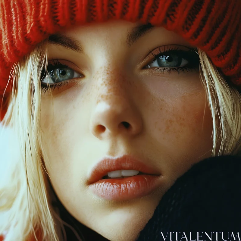 Intimate Portrait of Woman with Blue Eyes and Freckles AI Image