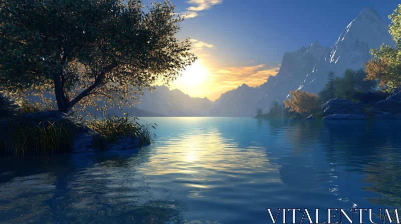 Peaceful Sunset Lake with Mountain Views AI Image