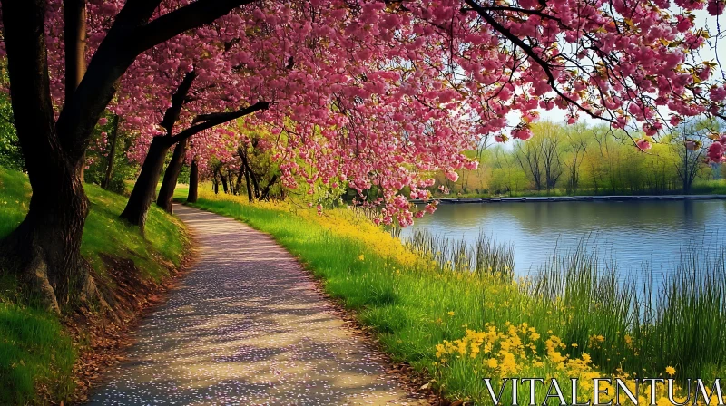 Springtime Cherry Blossoms by the Lakeside AI Image