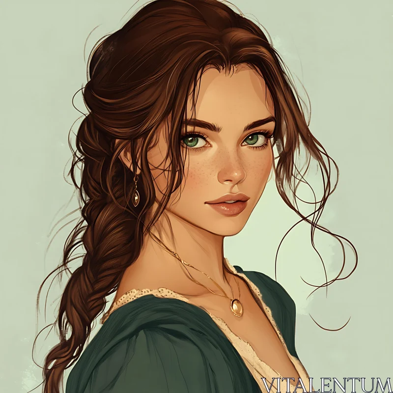 Graceful Female Portrait with Freckles and Braided Hair AI Image