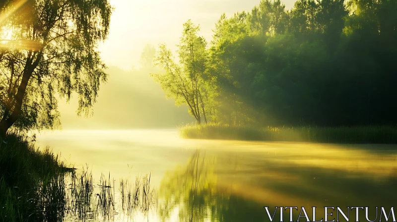 Golden Glow on Misty Lakeside AI Image