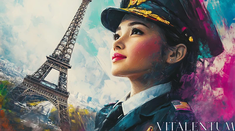 Uniformed Woman with Eiffel Tower - Artistic Representation AI Image