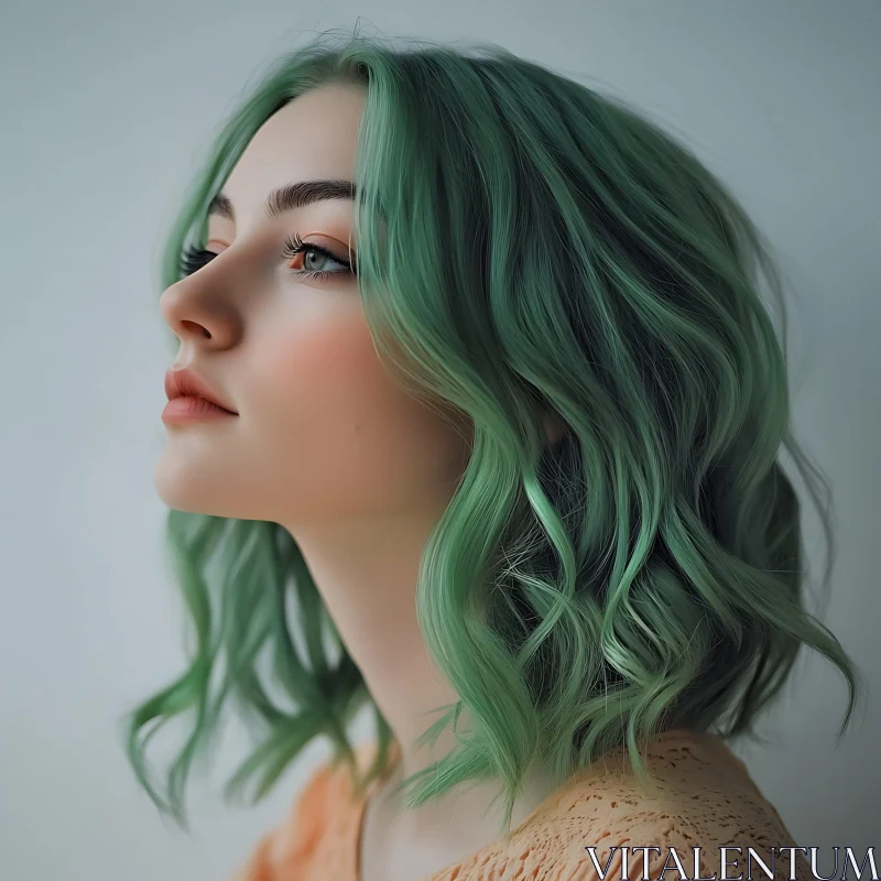 Serene Portrait of Woman with Green Hair AI Image