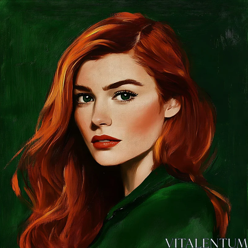 Digital Painting of Woman with Red Hair Against Green Background AI Image