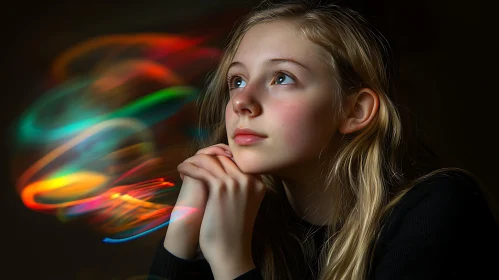 Contemplative Young Girl with Colorful Light Wisps