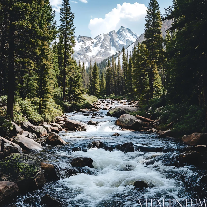 Picturesque Forest River with Snowy Mountain Peaks AI Image