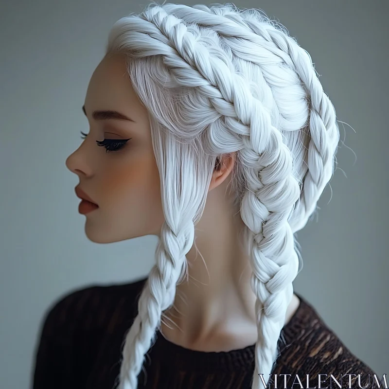 Graceful Profile of Woman with White Braided Hair AI Image