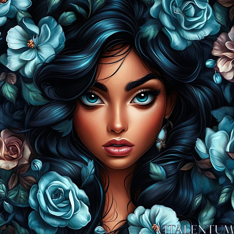 Blue-Eyed Woman with Floral Decor AI Image