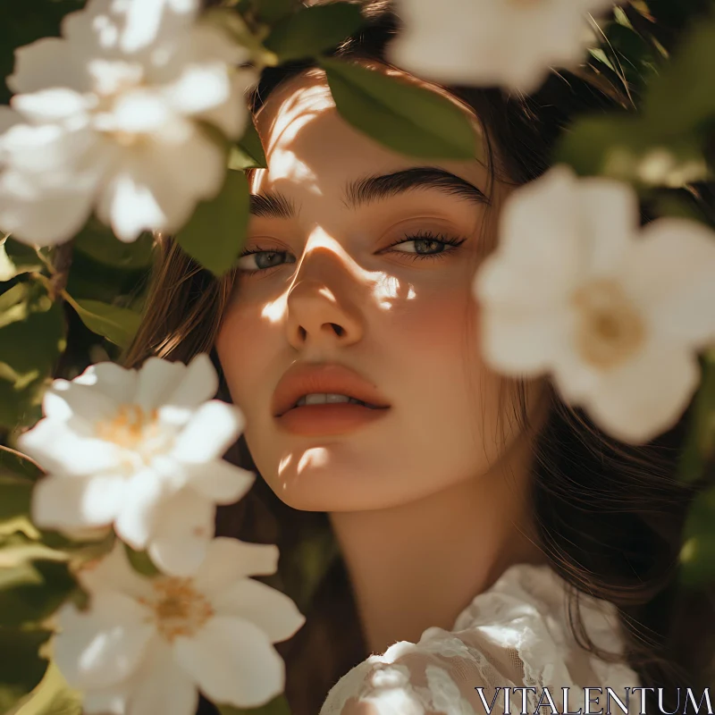 Serene Woman with Blooming Flowers AI Image