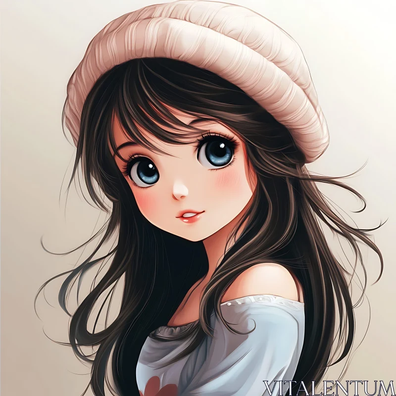 Innocent Anime Portrait of a Girl in a Beanie AI Image