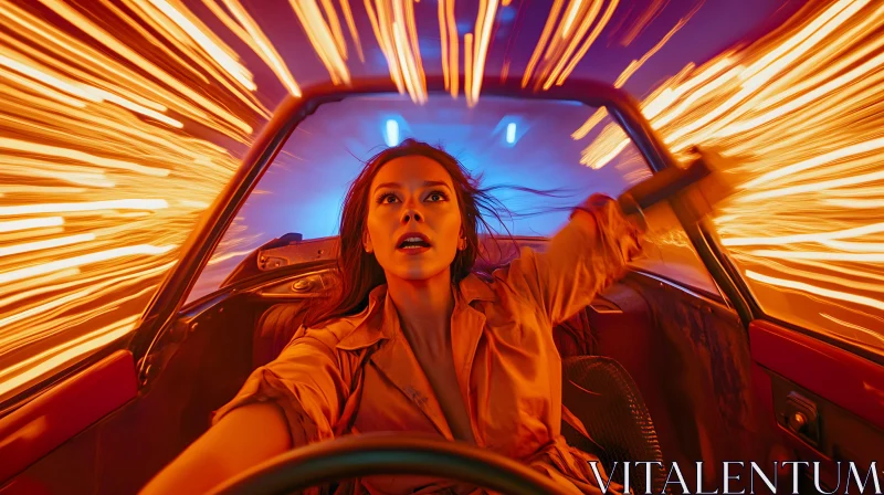 Woman Driving Fast Car with Blurring Light Effects AI Image