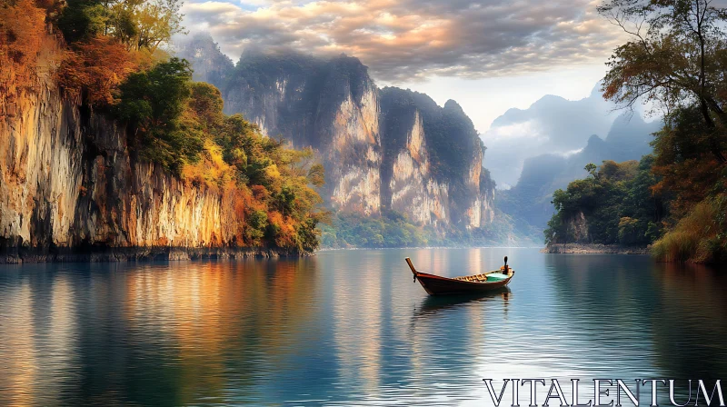 Serene Lake Scene with Lone Boat and Autumnal Cliffs AI Image