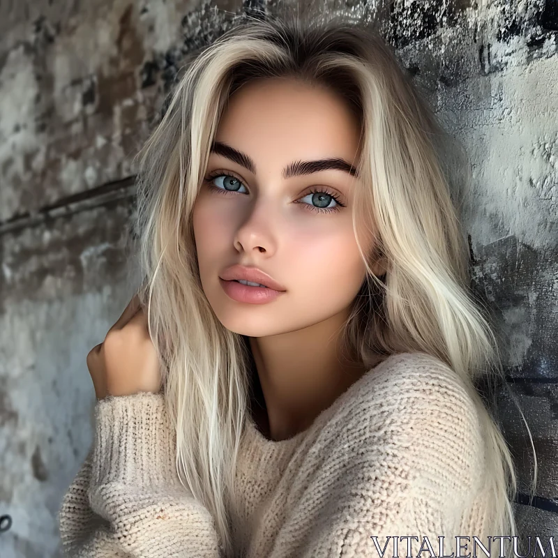 Blonde Woman Portrait Against a Textured Wall AI Image