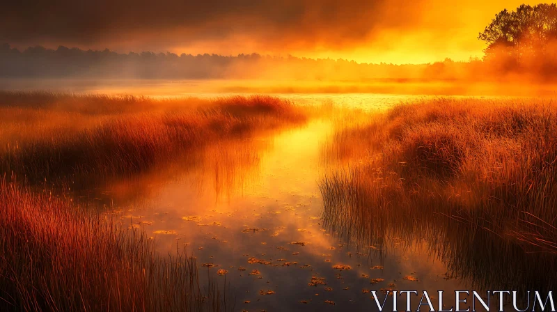 Misty Sunset With Golden Reeds AI Image