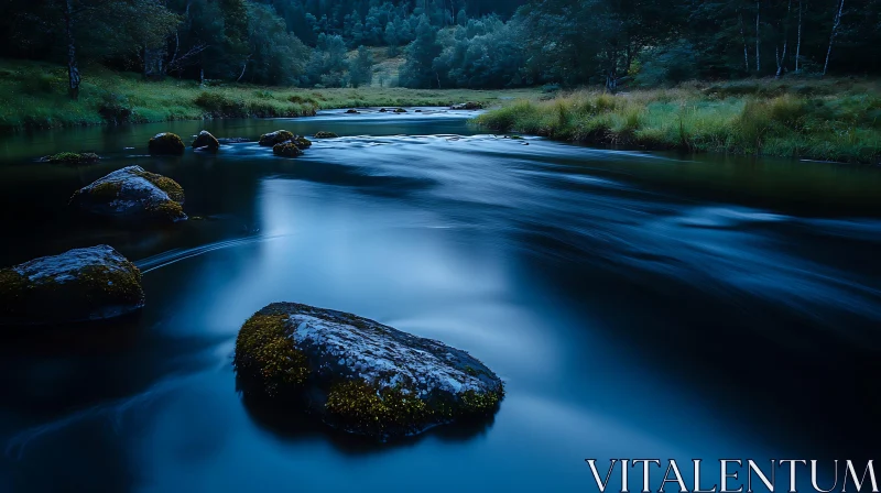 Tranquil River and Stones in Forested Landscape AI Image