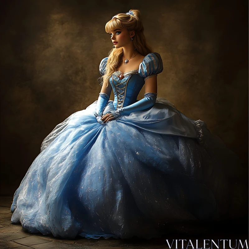 Blue-Dressed Princess Portrait AI Image