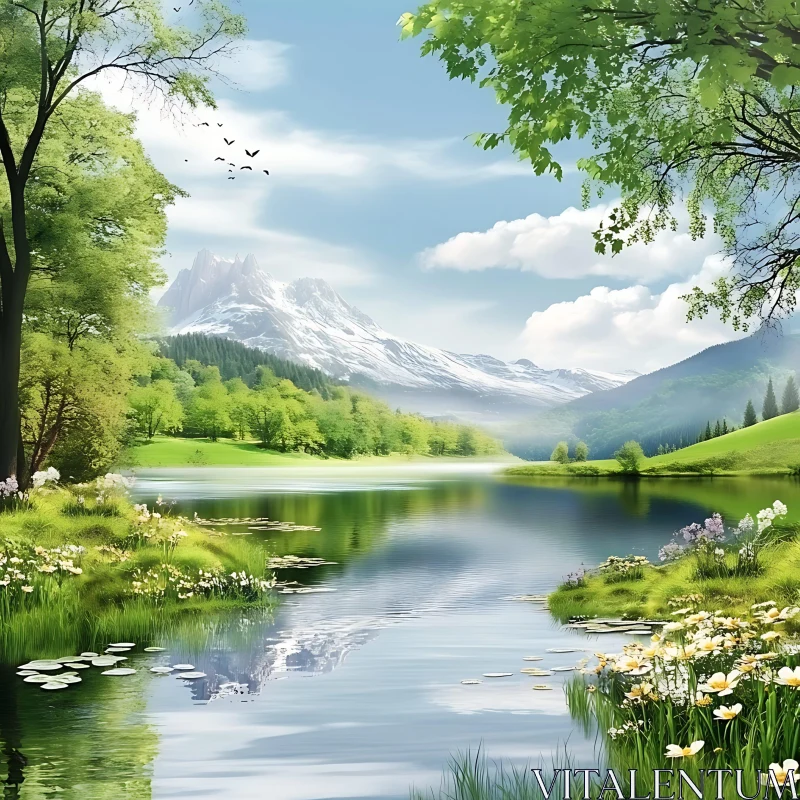 Peaceful Lake with Mountain View AI Image