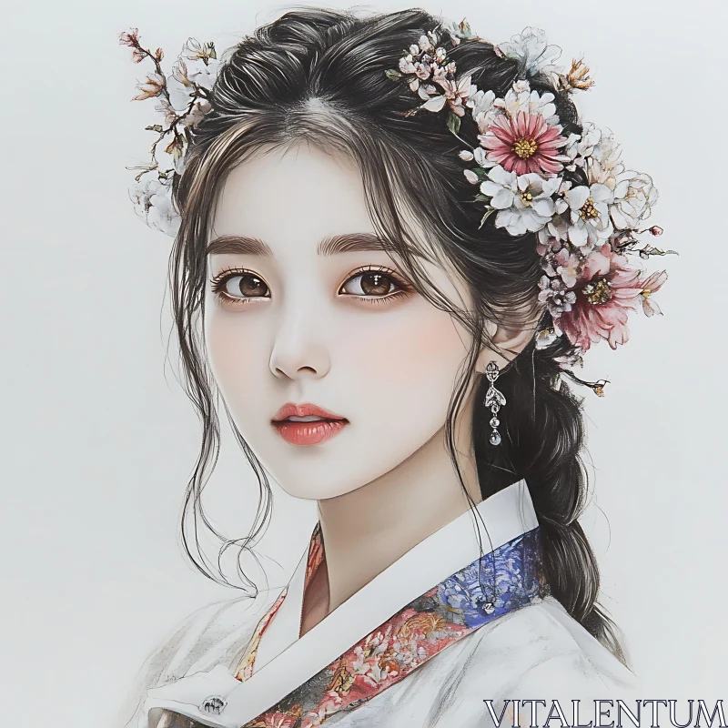 Traditional and Floral Adorned Woman's Portrait AI Image