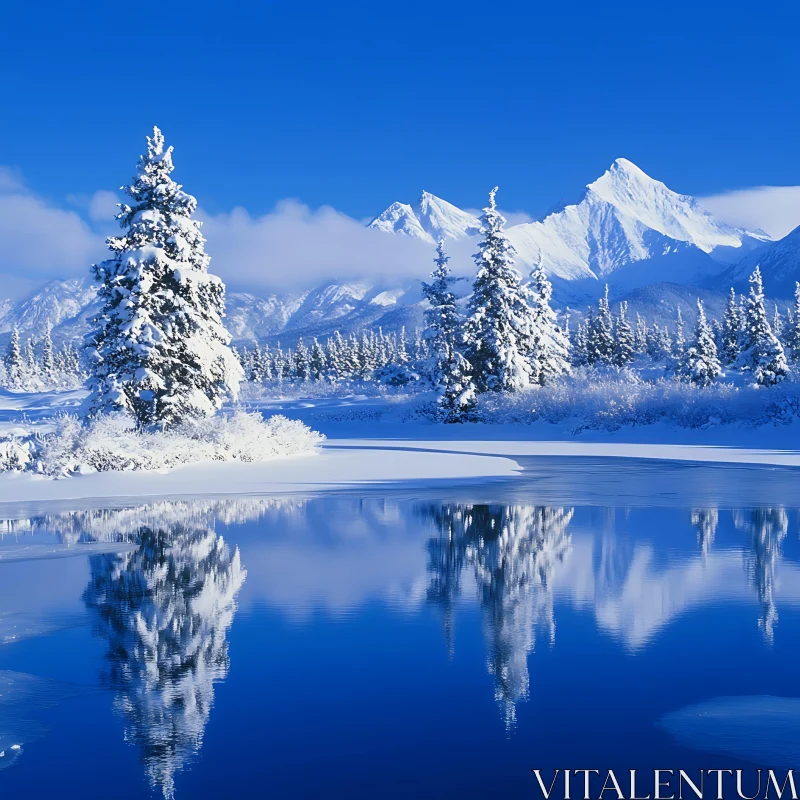 Peaceful Winter Wonderland with Clear Blue Sky and Mountains AI Image