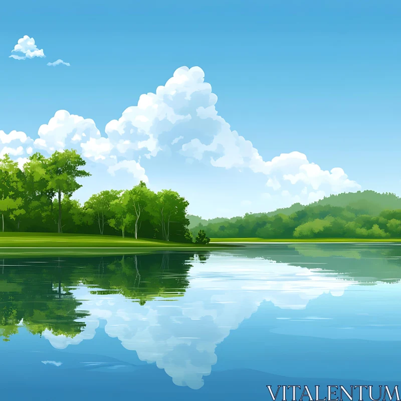 Tranquil Lakeside with Lush Greenery and Clouds AI Image