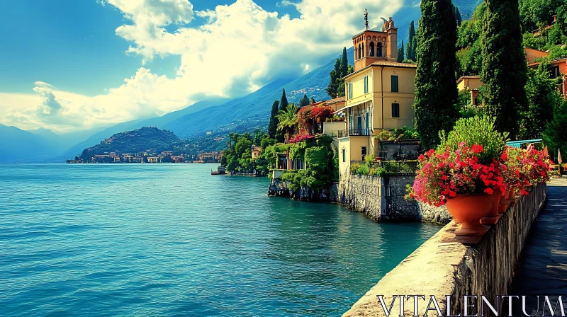 Picturesque Villa on Lake's Edge with Mountain Views AI Image