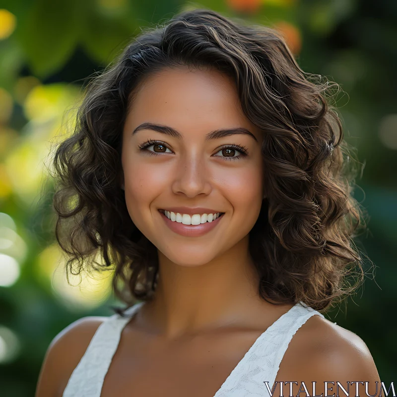 Joyful Woman with Curly Hair Outdoors AI Image