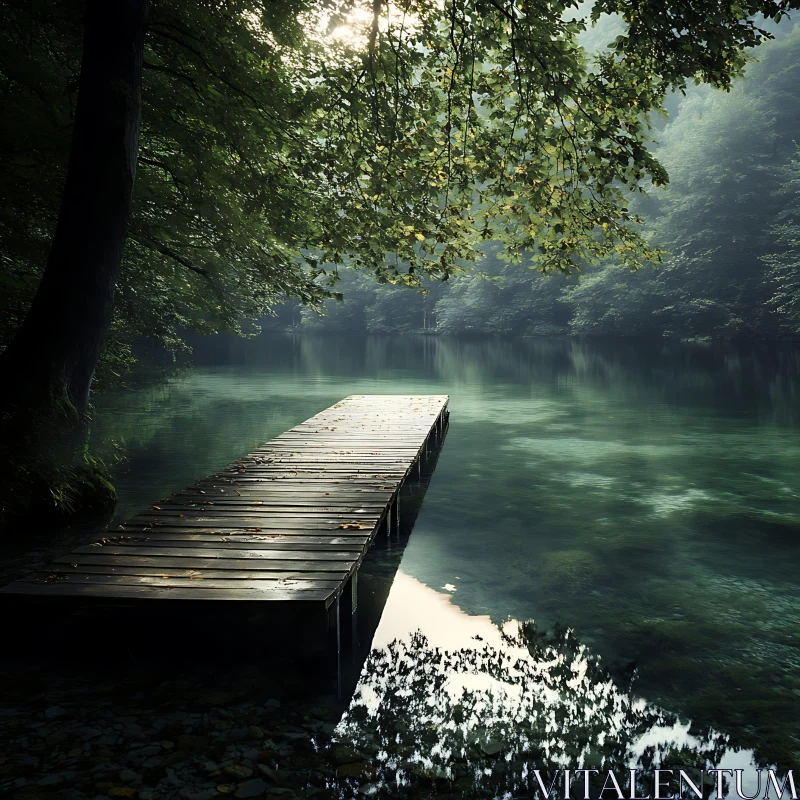 Peaceful Dock in Forest by Calm Lake AI Image