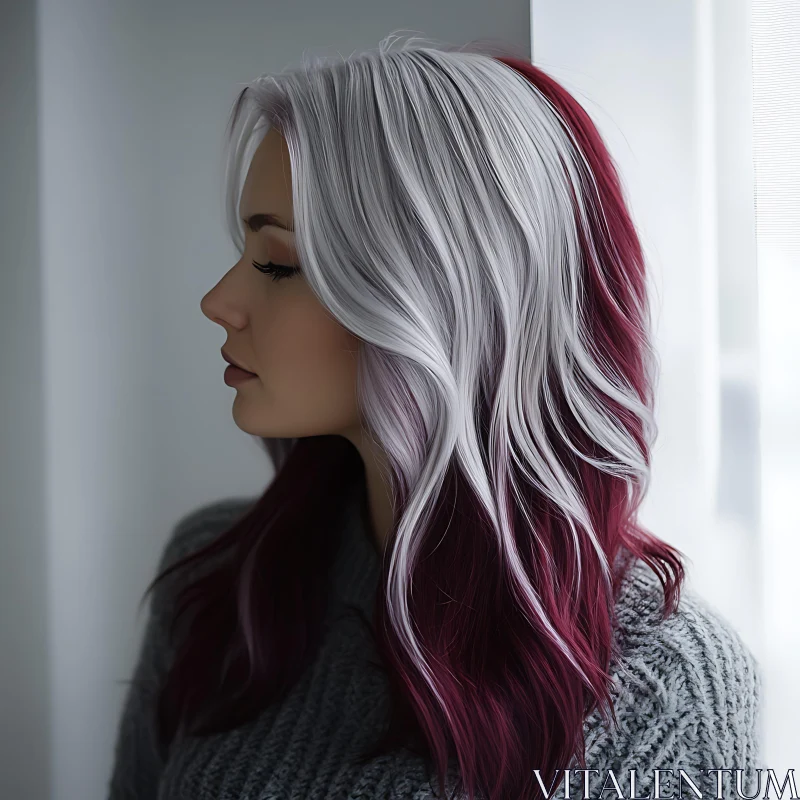 Woman with Contrasting White and Burgundy Wavy Hair AI Image