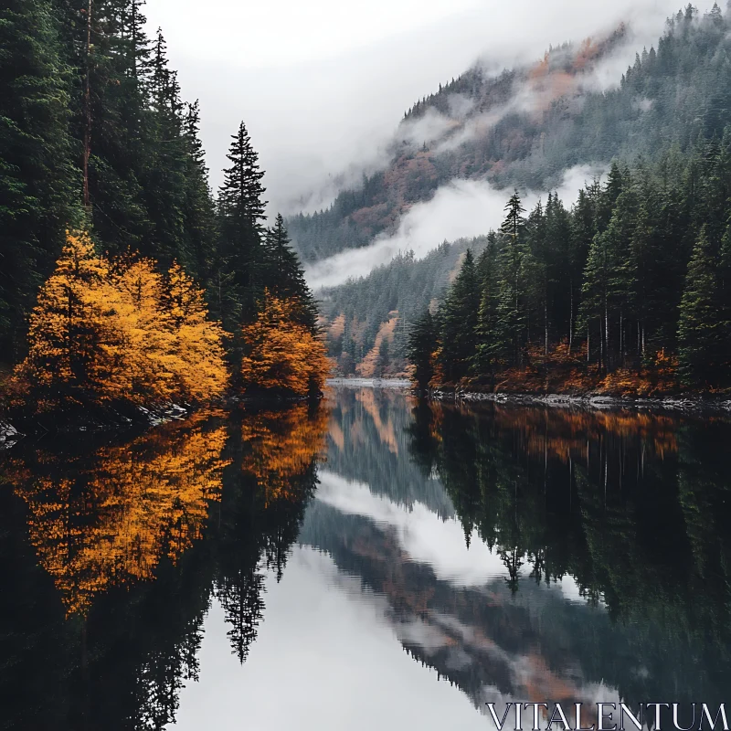 Peaceful Lake amidst Autumnal Forest and Misty Mountains AI Image