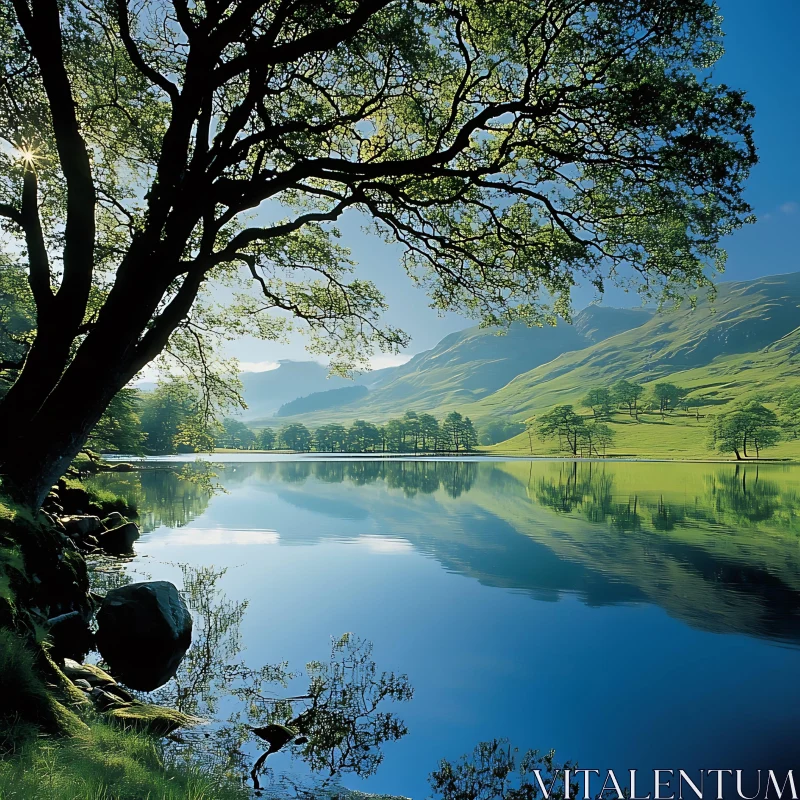 Tranquil Lake Landscape with Lush Foliage AI Image