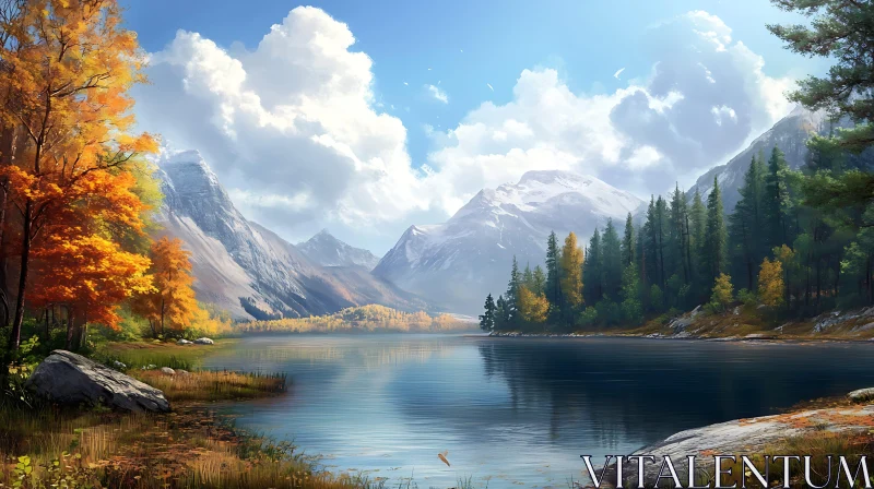 Picturesque Autumn Lake with Mountains and Forest AI Image