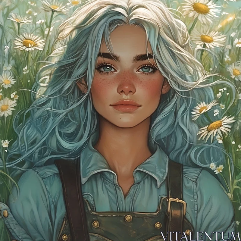 Blue-Haired Woman in a Field of Daisies AI Image