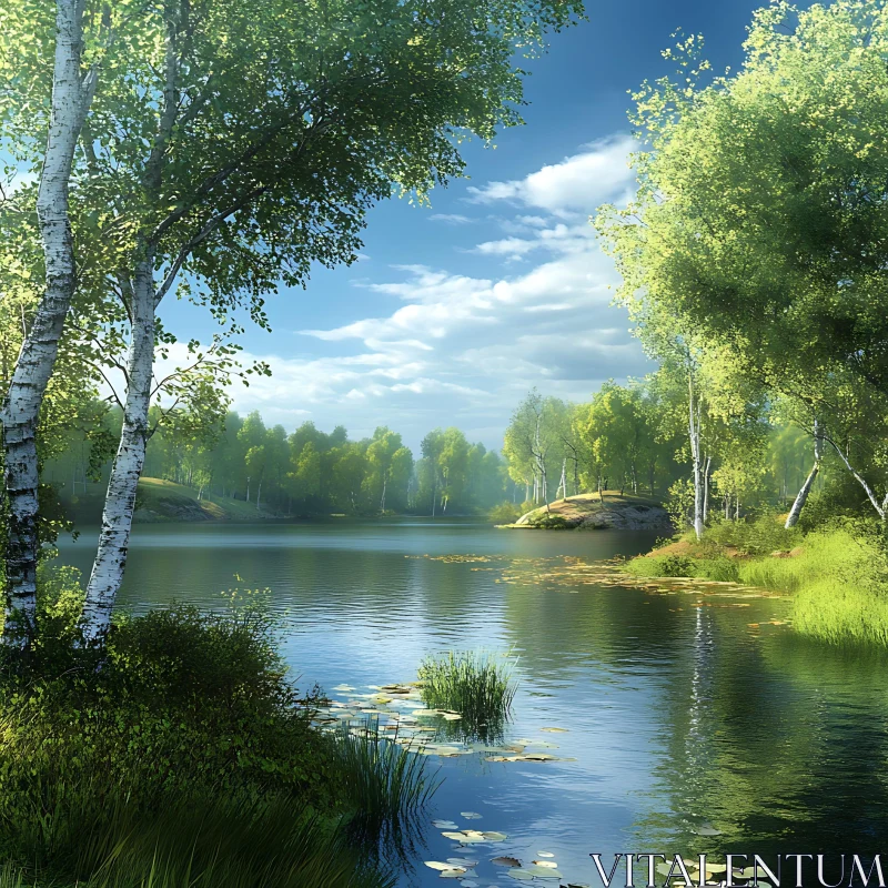 Tranquil Lake Scene with Lush Greenery AI Image