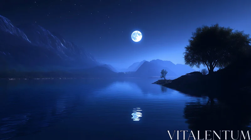 AI ART Serene Night at the Lake with Moon Reflection