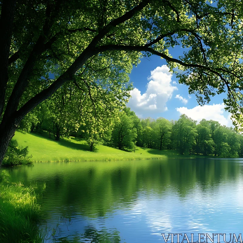 AI ART Peaceful Lake with Green Trees and Clear Sky