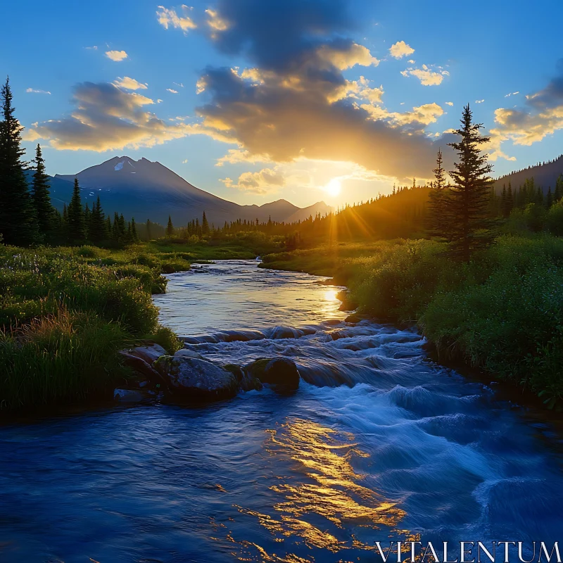 Golden Sunset Over Mountain Stream AI Image