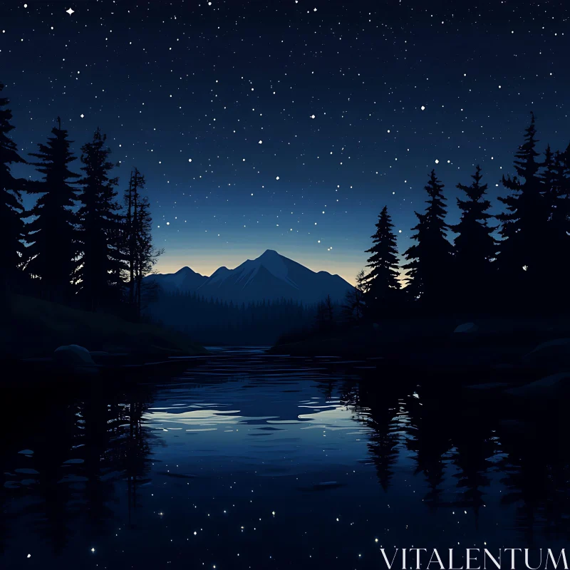 Tranquil Night Landscape with Mountains and Stars AI Image