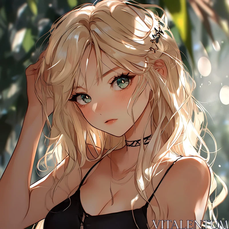 Blonde Anime Girl in Serene Natural Setting with Green Eyes AI Image