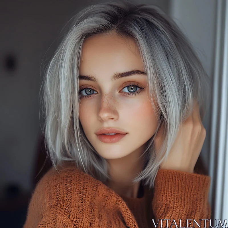 Portrait of a Young Woman with Bright Blue Eyes and Grey Hair AI Image