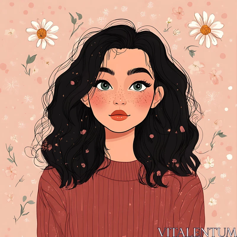 Anime Girl Portrait with Flowers AI Image