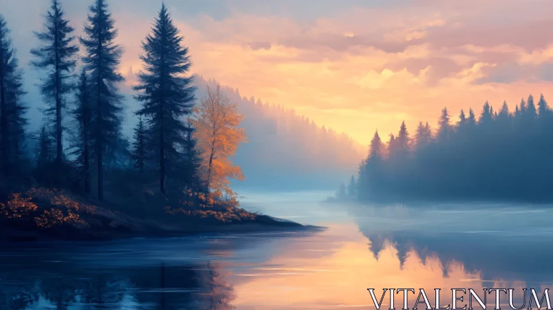 Mystical Sunset Over Tranquil Lake AI Image