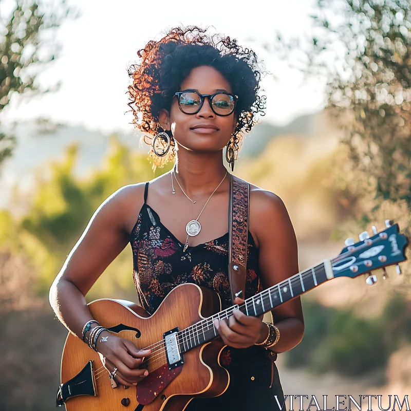 Female Musician with Electric Guitar in Nature AI Image