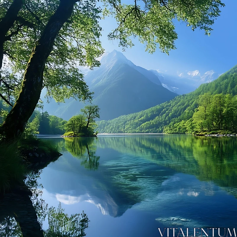 Peaceful Mountain Lake Landscape AI Image