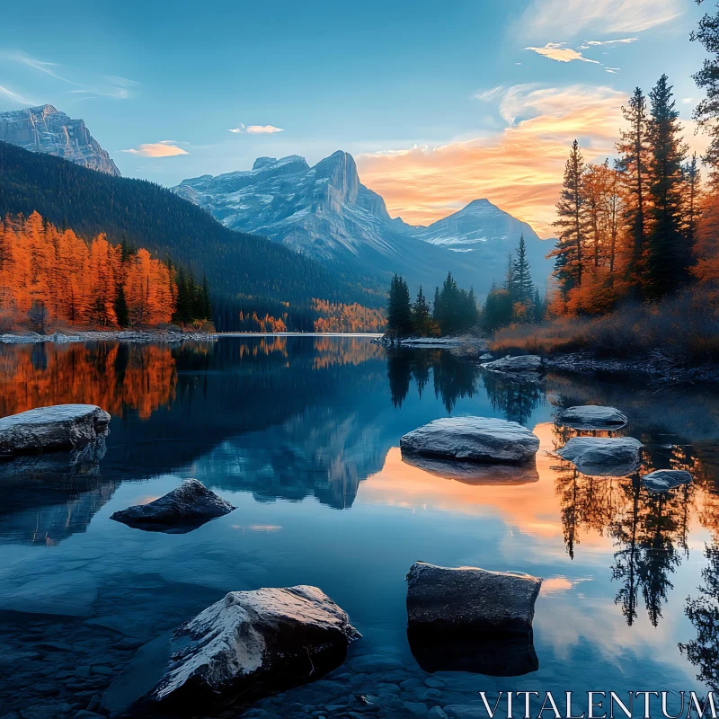 Picturesque Mountain Lake at Dusk with Autumn Trees AI Image