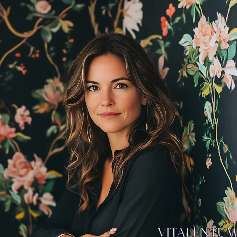 Elegant Woman Leaning Against Floral Wall AI Image