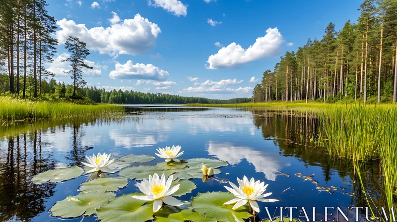 Tranquil Waterscape with White Water Lilies AI Image